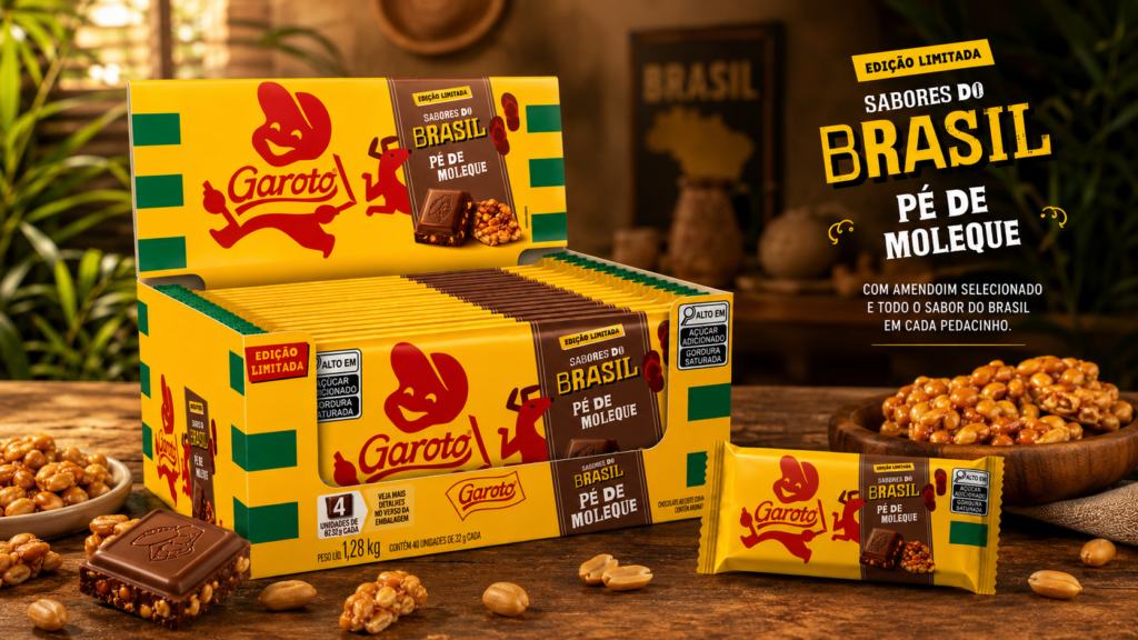 Garoto lança barra Pé de Moleque e inaugura linha Sabores do Brasil, com amendoim, caramelo e chocolate ao leite. Disponível em todo o país.