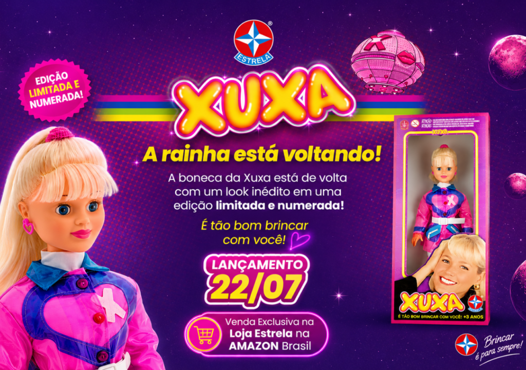 Estrela relança a Boneca da Xuxa em edição limitada com visual futurista, disponível a partir de terça-feira na Amazon.