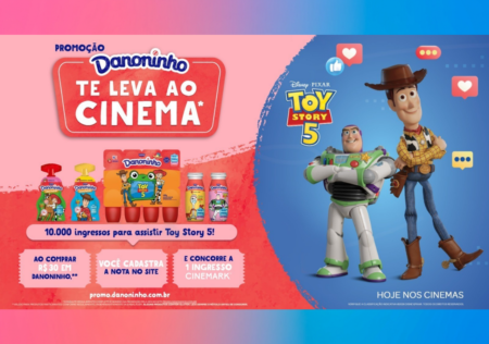 Danoninho lança embalagens de Toy Story 5 e promoção que distribui 10 mil ingressos para o cinema em parceria com a Cinemark.