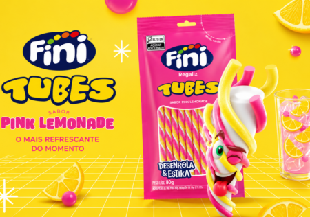 Fini lança Tubes Pink Lemonade da linha Desenrola & Estika, com sabor cítrico e disponível a partir de julho no Brasil.