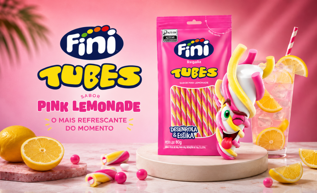 Fini ganha versão Tubes Pink Lemonade Desenrola & Estika 1 Fini lança Tubes Pink Lemonade da linha Desenrola & Estika, com sabor cítrico e disponível a partir de julho no Brasil.