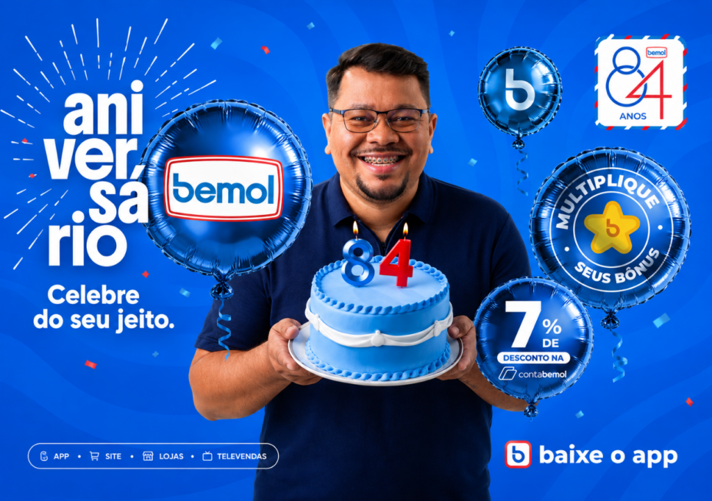 Bemol celebra 84 anos com campanha no Norte 84 anos da Bemol ganham campanha omnicanal com ofertas, bônus e ativações em lojas de quatro estados da Região Norte.