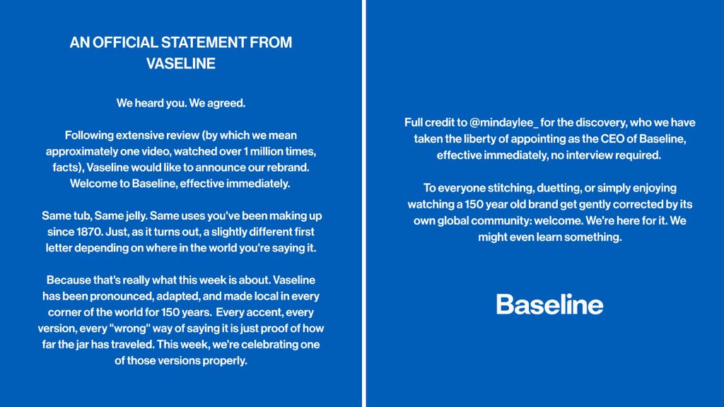 Vaseline vira Baseline após pronúncia de Min Day Lee viralizar. Marca criou logo, embalagens simuladas e nomeou a influenciadora como CEO.