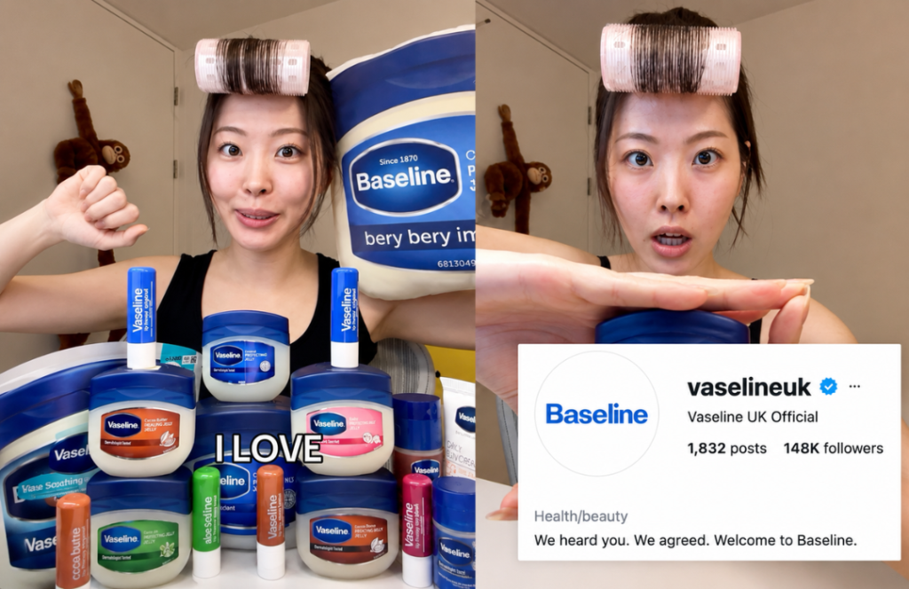 Vaseline vira Baseline após vídeo de influenciadora viralizar Vaseline vira Baseline após pronúncia de Min Day Lee viralizar. Marca criou logo, embalagens simuladas e nomeou a influenciadora como CEO.