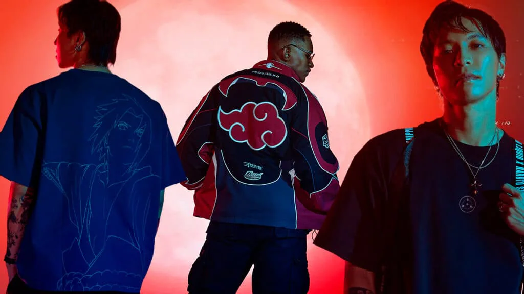 Produtos da coleção Team Liquid Naruto Akatsuki com nuvens vermelhas