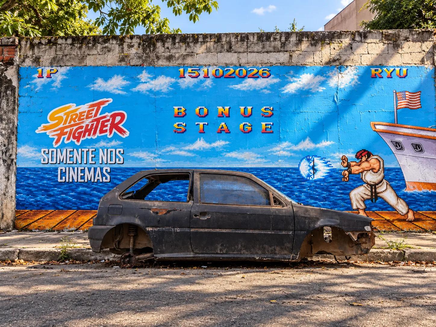 Street Fighter: carros abandonados viram anúncio do filme 1 Mural Street Fighter e Carro Abandonado