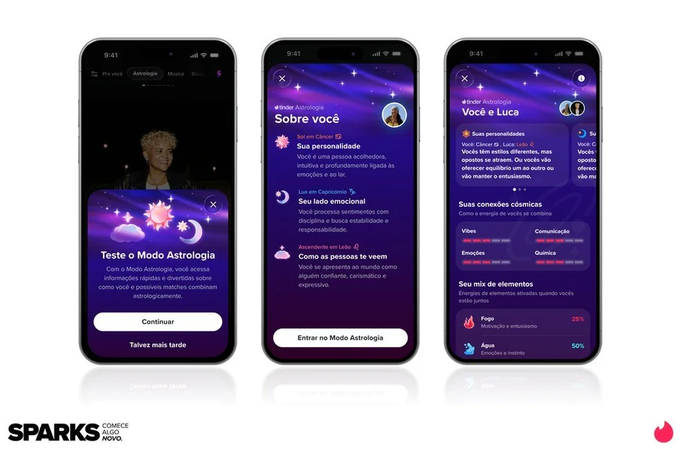 Tinder lança campanha que mostra o lado social dos encontros 1 Telas do Modo Astrologia, divulgado na campanha do Tinder