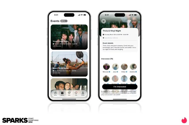 Tinder lança campanha que mostra o lado social dos encontros 3 Telas de recursos sociais do Tinder apresentados no Tinder Sparks 2026
