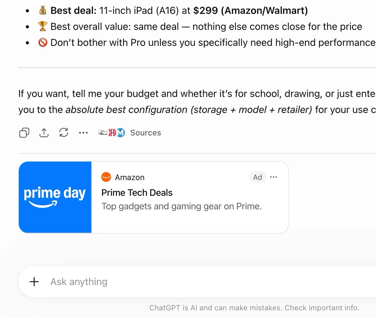 Anúncio de campanha do Prime Day da Amazon no ChatGPT Ads