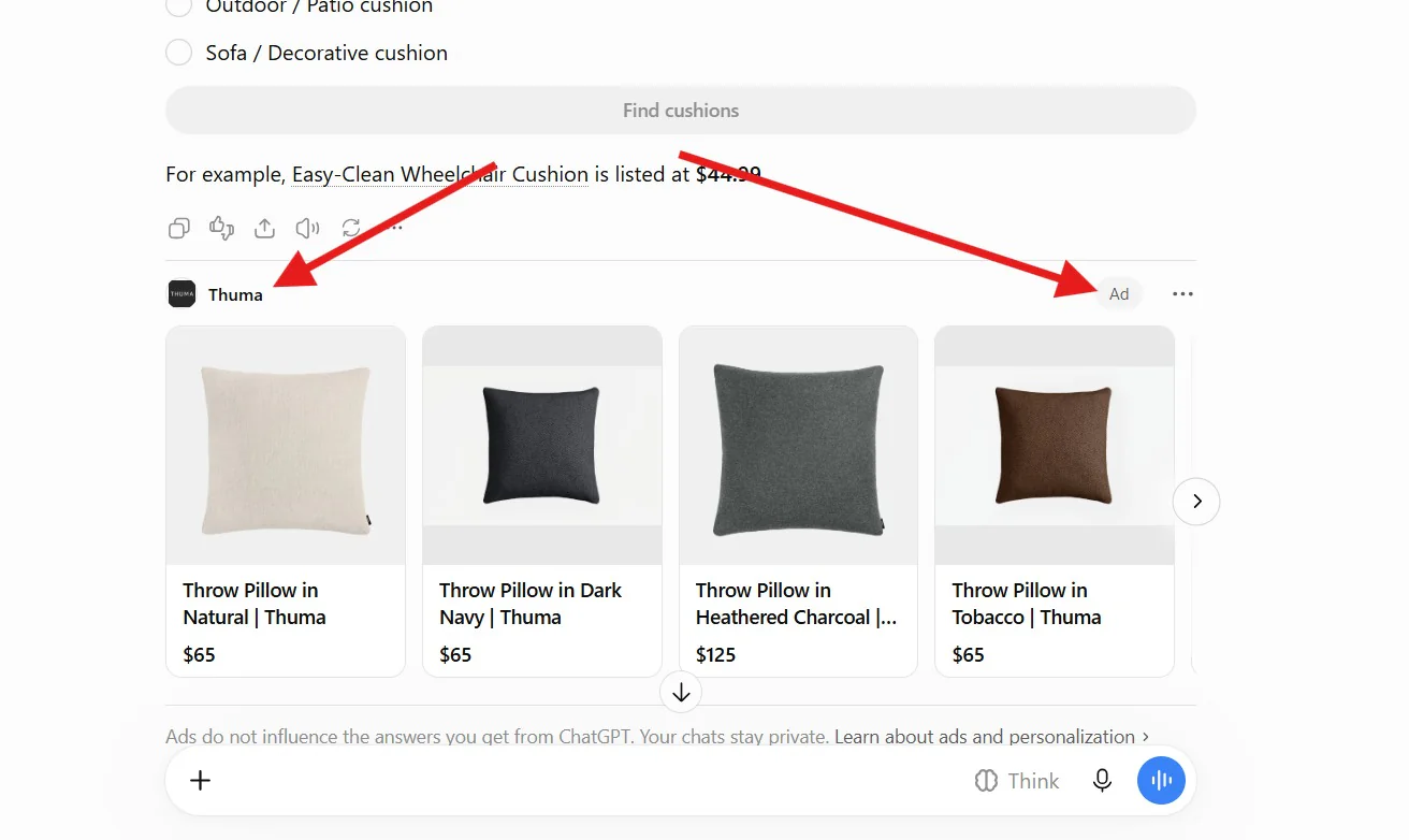 Anúncio do ChatGPT Ads em experiência de compras