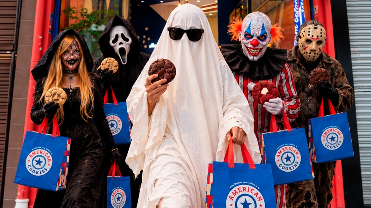 Clientes fantasiados com os cookies grátis da American Cookies no Halloween