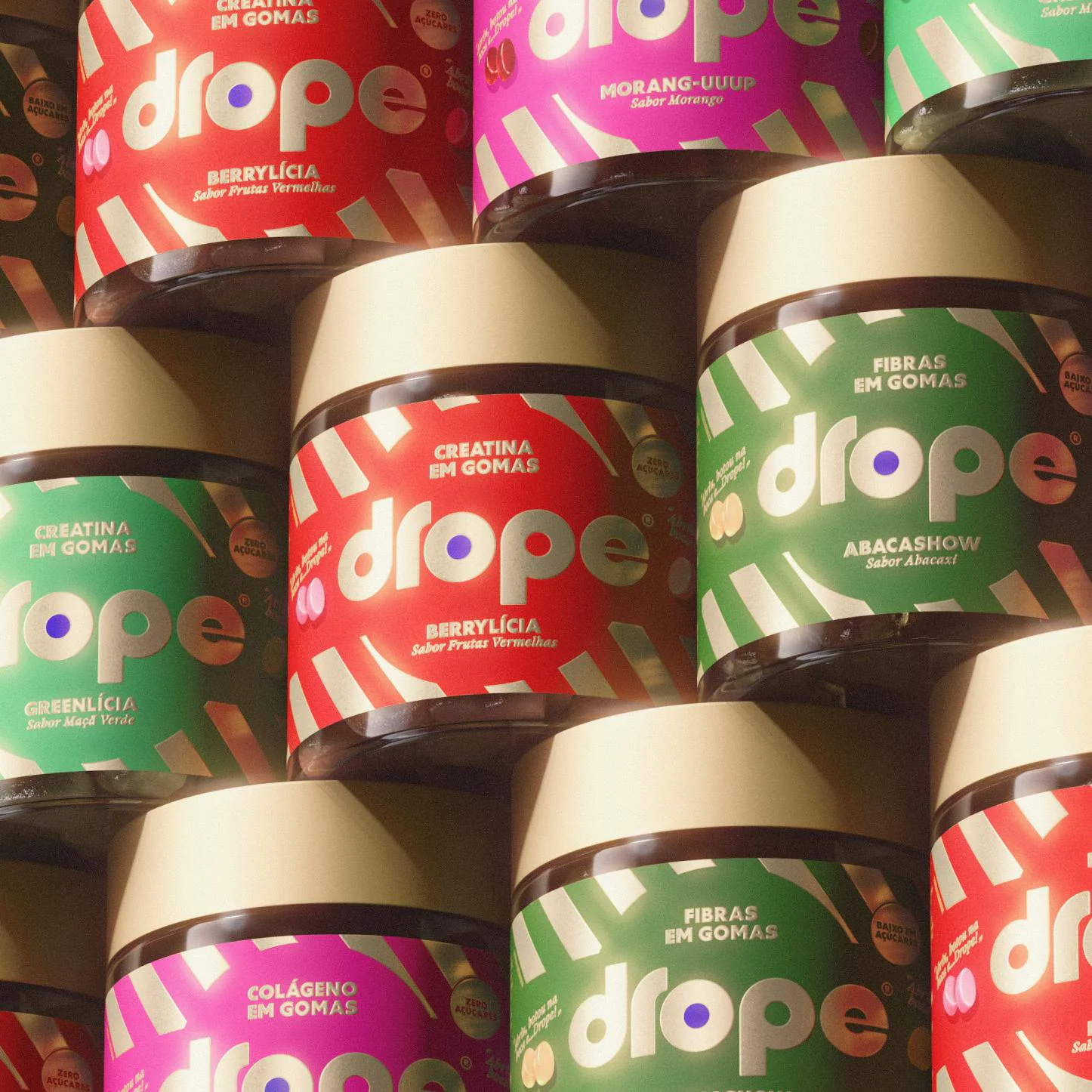 Embalagens Drope suplementos candy shop com design colorido e lúdico