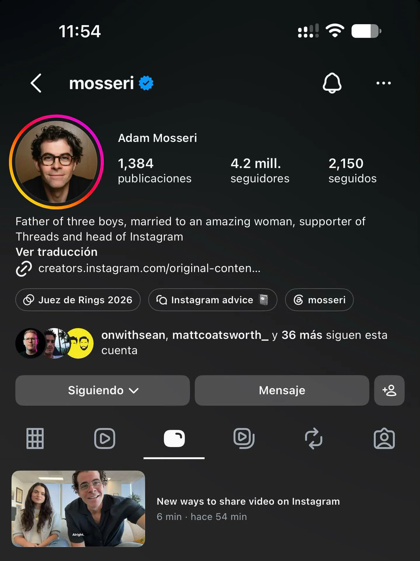Instagram agora vai focar em vídeos longos e formato horizontal 1 Aba de vídeos longos no perfil de Adam Mosseri no Instagram