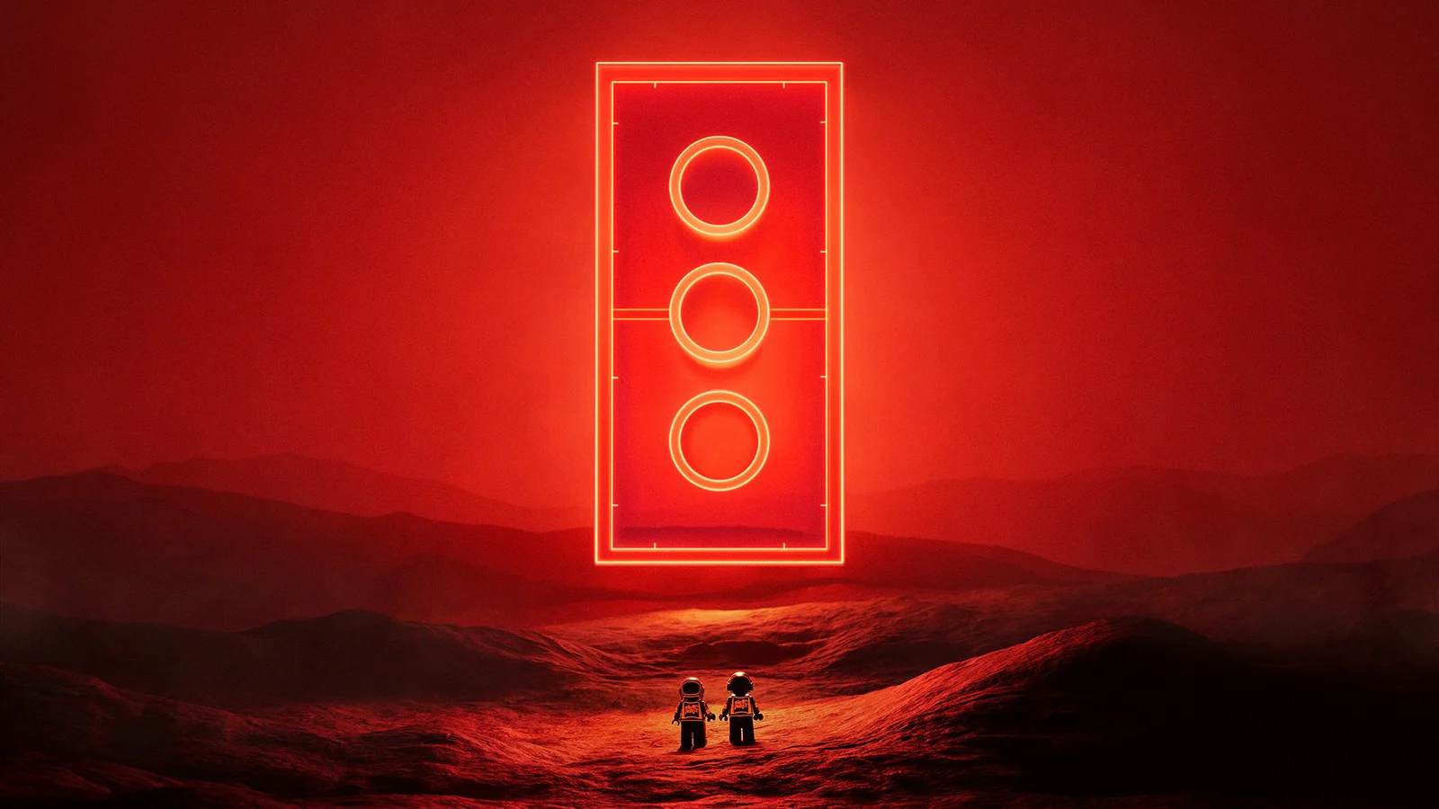 LEGO e Daft Punk lançam parceria com set do palco-pirâmide 1 Cenário em vermelho da parceria LEGO Daft Punk com minifiguras. Divulgação/LEGO Group