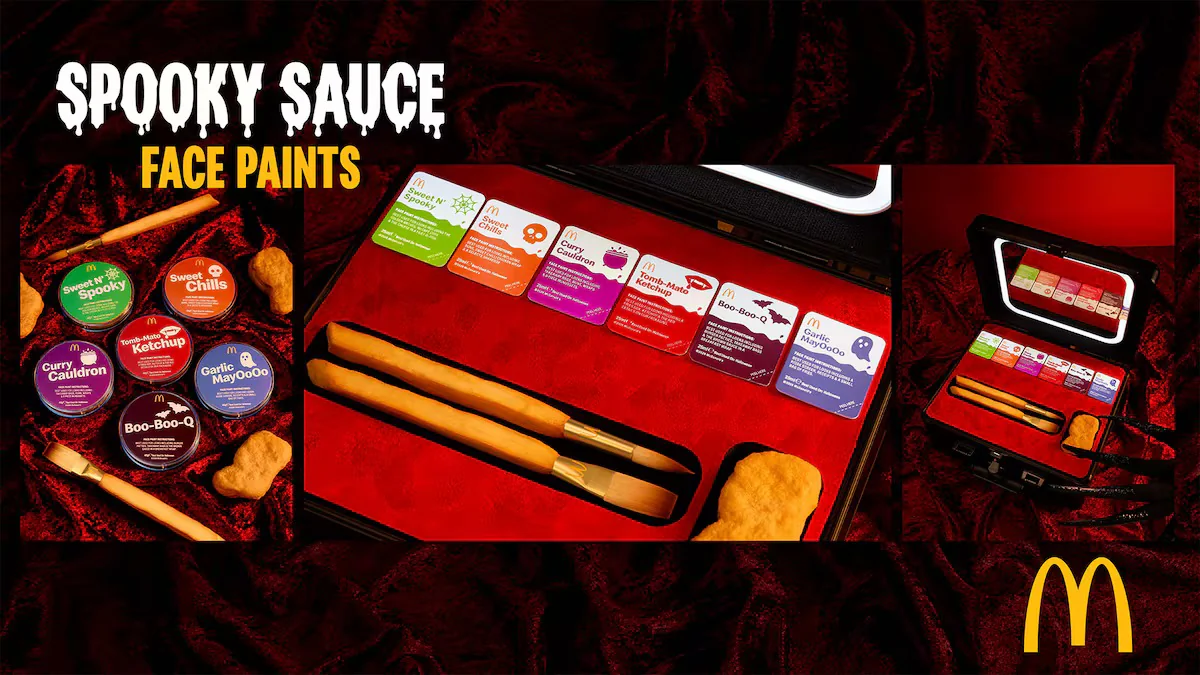 McDonald's Halloween: key visual da campanha Spooky Sauces com os potes de molho e a maleta aberta