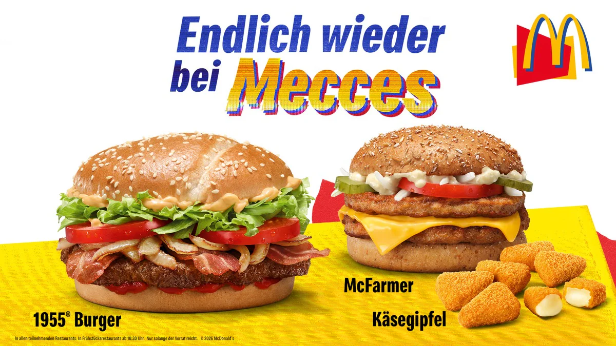 Mini-rádios musicais voltam ao McDonald’s na Alemanha 3 Campanha Endlich wieder bei Mecces, do McDonald’s Alemanha, com 1955 Burger, McFarmer e Käsegipfel