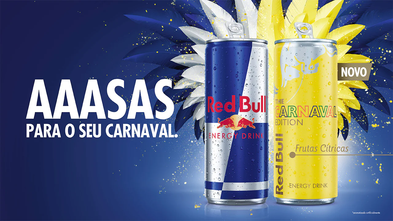 Red Bull The Carnaval Edition ao lado da lata tradicional na campanha Aaasas para o Seu Carnaval
