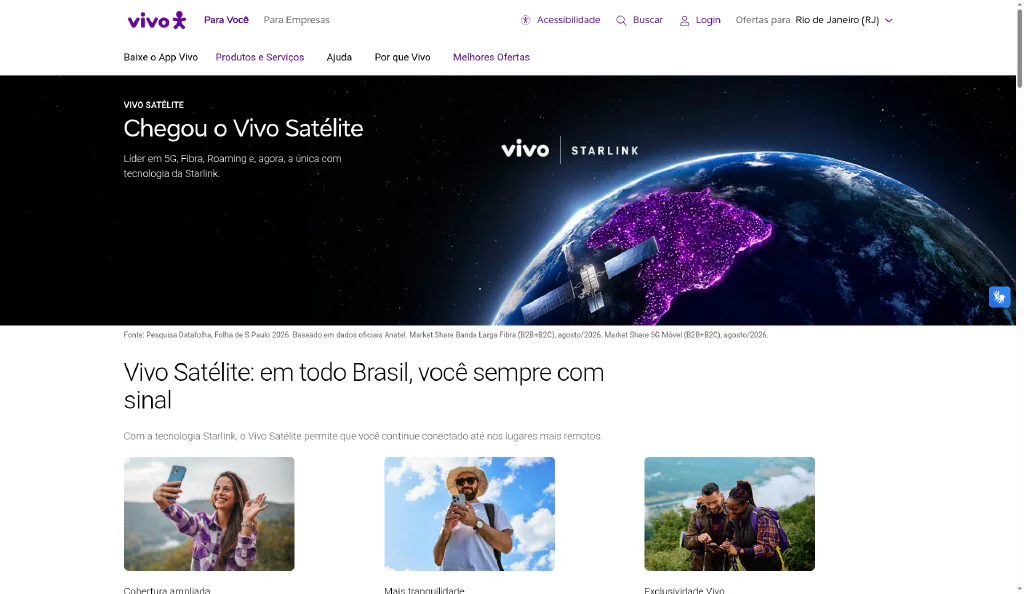 Vivo Starlink: celular agora conecta via satélite 1 Vivo Starlink: banner do Vivo Satélite no site da Vivo