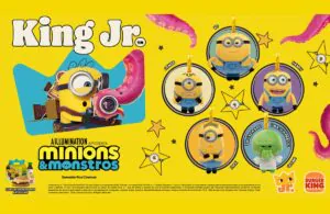 Minions chegam ao King Jr. com 5 brinquedos surpresa Burger King lança coleção com 5 brinquedos surpresa dos Minions no King Jr. para celebrar estreia de Minions & Monstros nos cinemas.