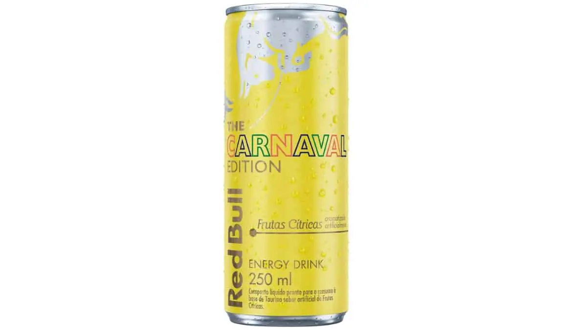 Lata de 250 ml do Red Bull The Carnaval Edition sabor Frutas Cítricas